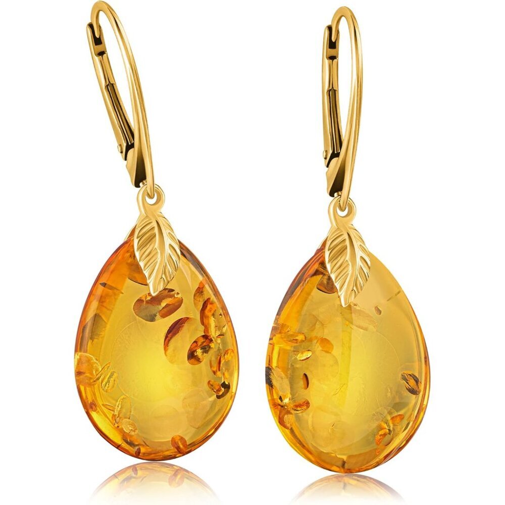 Leverback Amber Earrings for Women - Gold Plated Silver Closure 925, Sparkling P